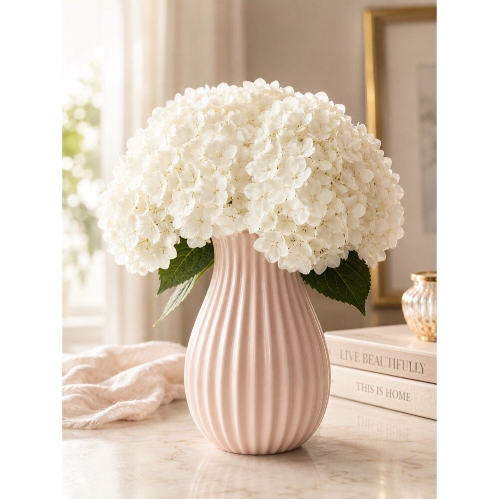 Blush Pink Ribbed Ceramic Vase | Modern Minimalist Home Décor | Soft Matte Finis